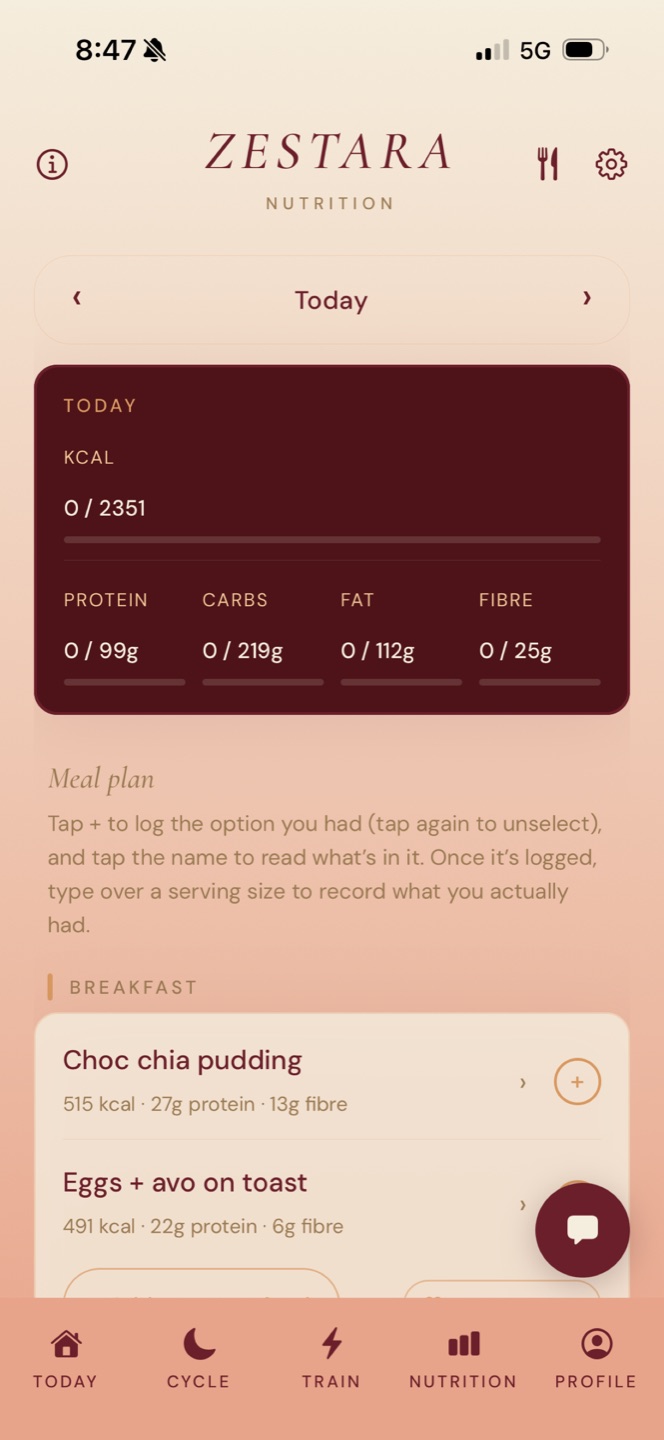The Zestara Nutrition tab showing her targets, meal plan and logs