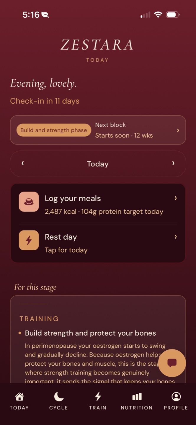 The Zestara Today tab in evening mode