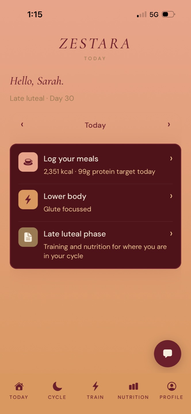 The Zestara Today tab greeting a client by name with her meals, session and cycle day