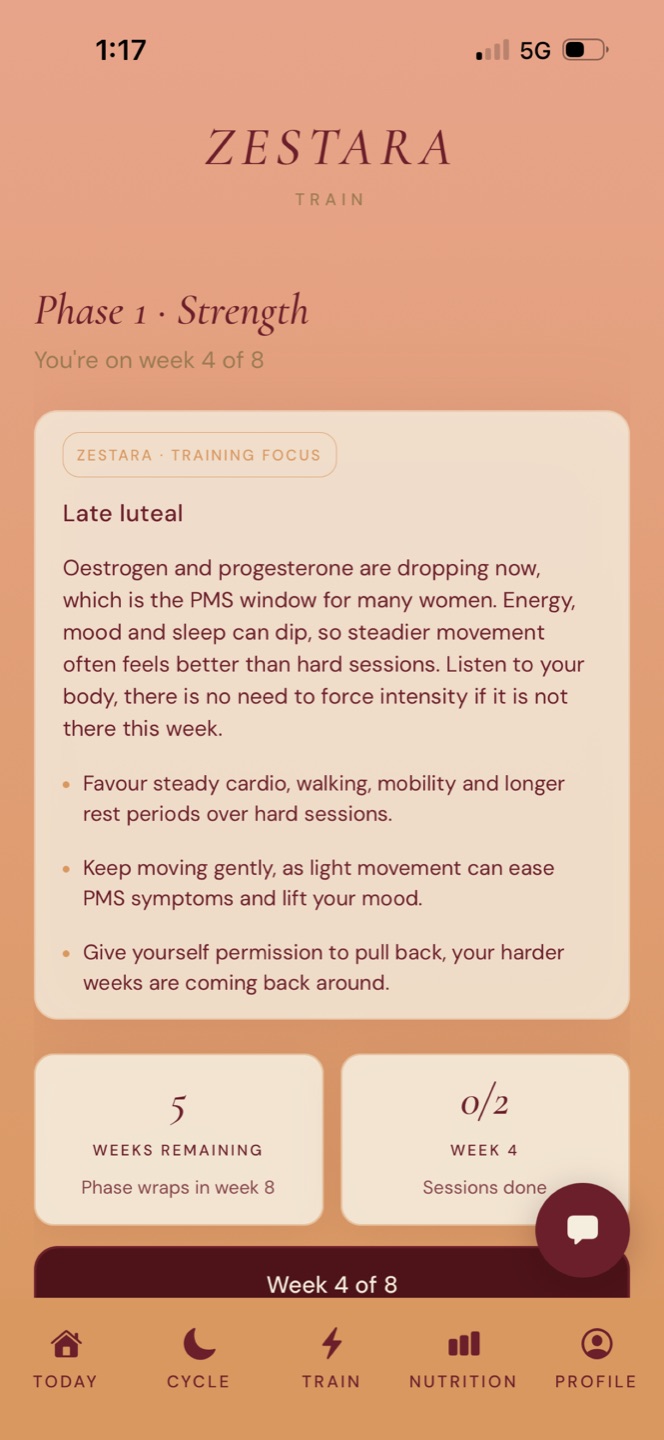 The Zestara Train tab showing a coached session with sets and weights